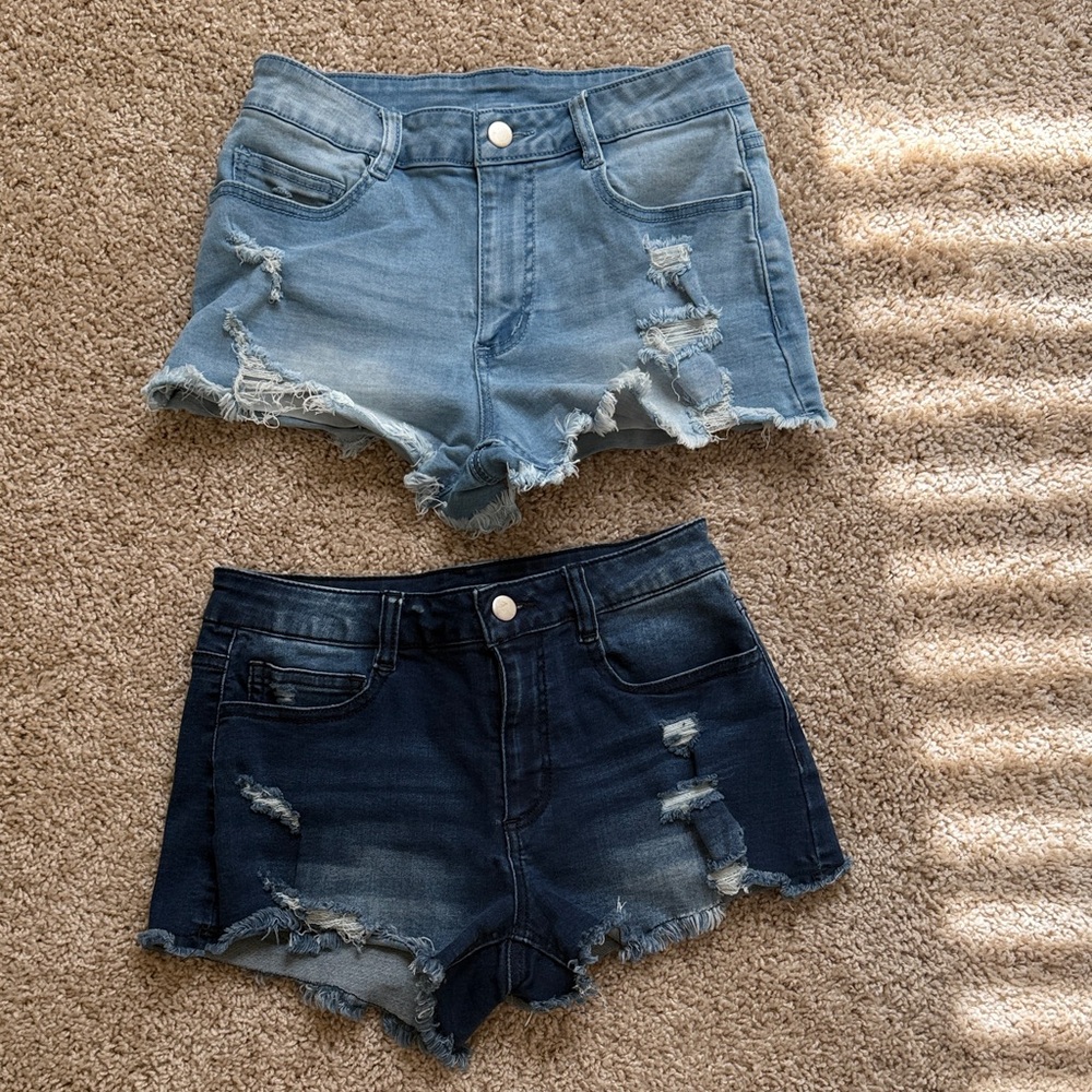 Trendy Distressed Denim Shorts - Light and Dark Blue